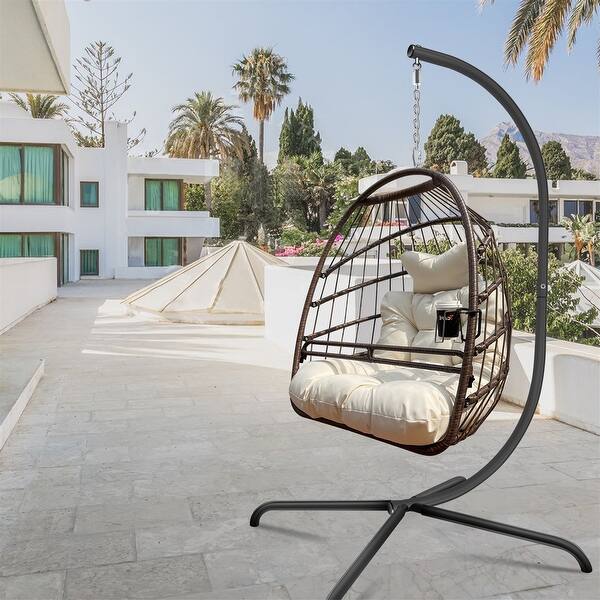 slide 2 of 24, Stand Wicker Rattan Patio Basket Swing Egg Chair with C Type Bracket