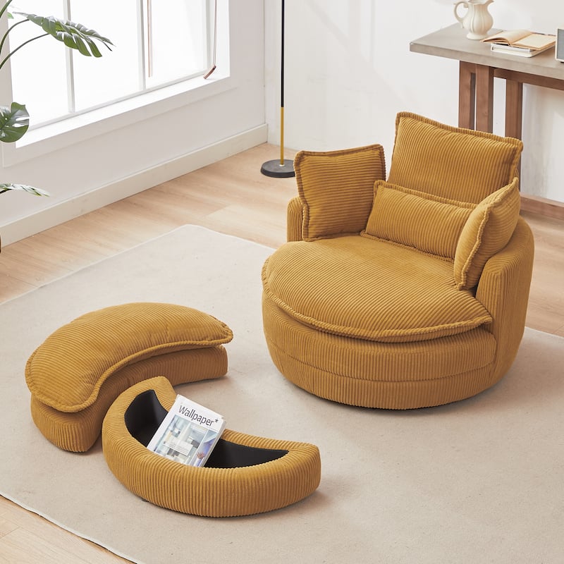 52" Upholstered Swivel Barrel Chair with Moon Storage Ottoman