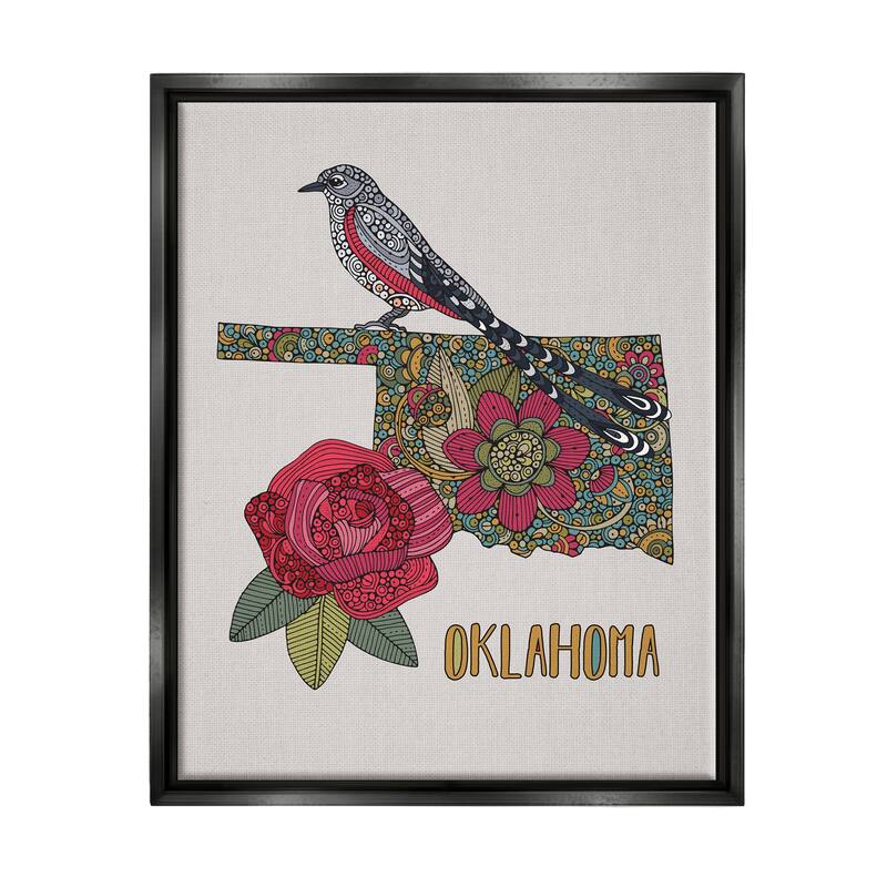 Stupell Oklahoma State Bird & Flower Detailed Floral Pattern Floater Frame, Design by Valentina Harper - 17 x 21 - Black