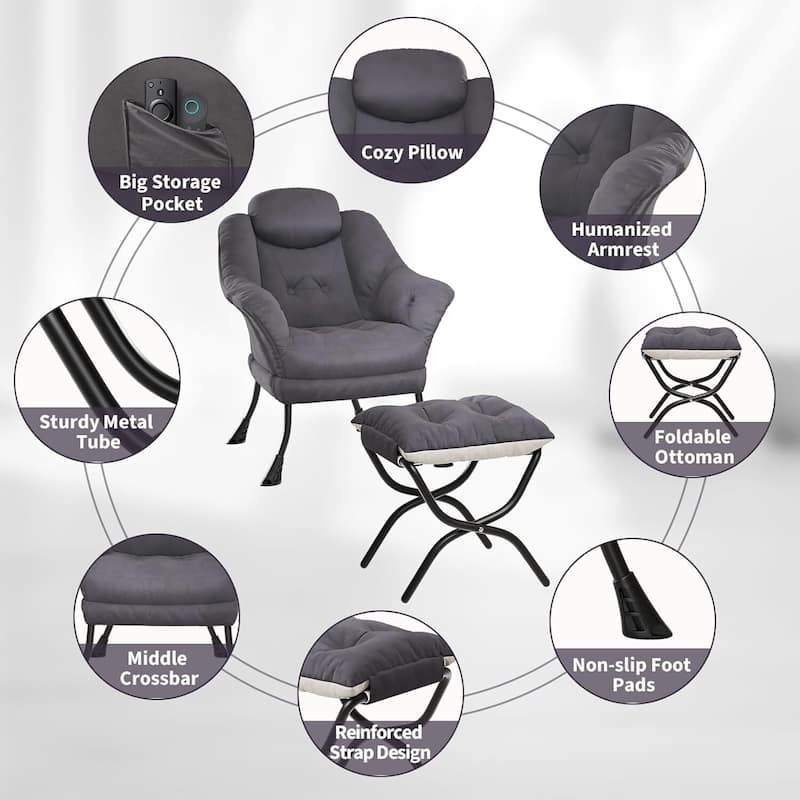 Modern Accent Comfy Lazy Sofa Chair with Ottoman for Bedroom or Living Room