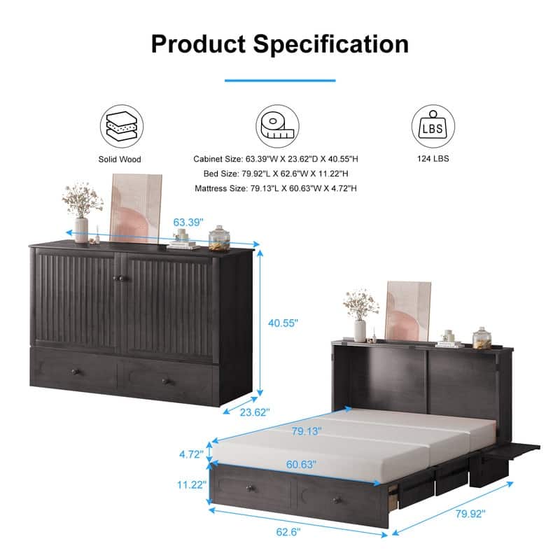 Mixoy Murphy Bed,Cube Foldable Cabinet Bed with Charging Station