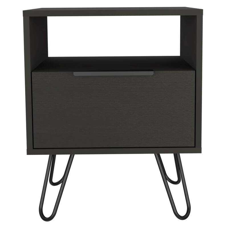 Modern Nightstand with Shelf and Drawer, Wengue Finish, Hairpin Legs