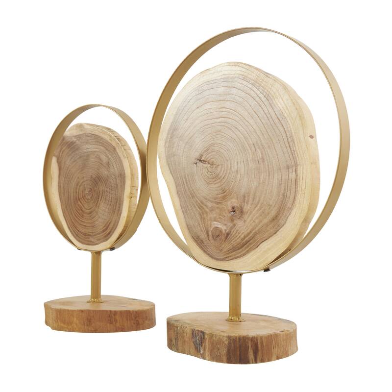 Wood Abstract Handmade Live Edge Slab Decorative Sculpture with Gold Metal Rings - Set of 2 Brown - Roche River Decor