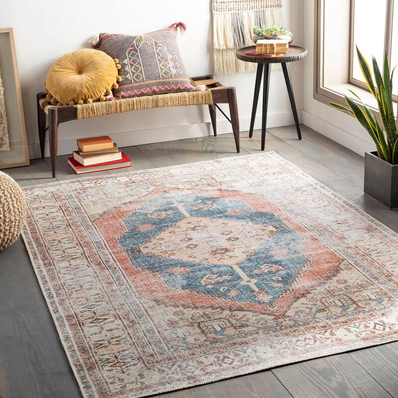 Livabliss Luisa Distressed Medallion Printed Machine Washable Area Rug - Blue/Peach - 7'10" x 10'2"