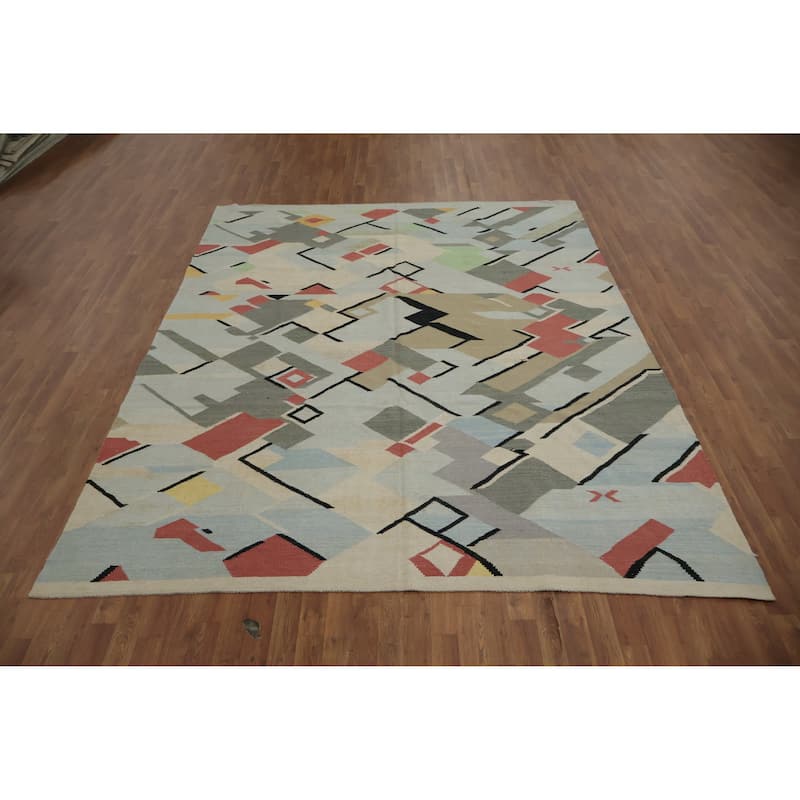 Hand Woven Oriental 100% Wool Carpet Southwestern Modern Greys & Charcoal Kilim Area Rug - 10' 0'' X 8' 0''