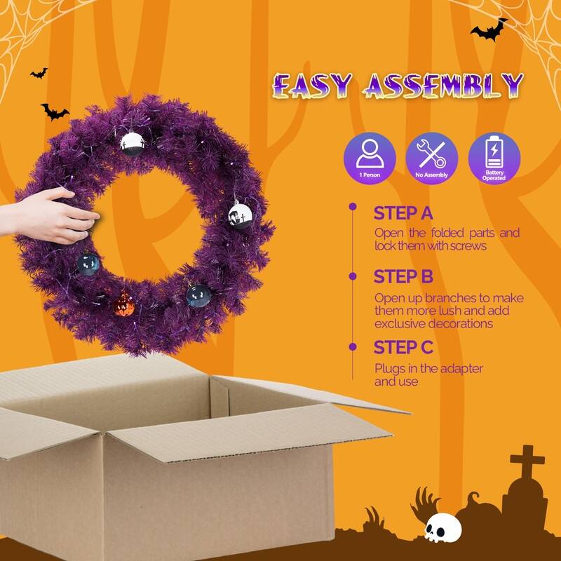 24in Pre-lit Halloween-Themed Christmas Wreath, Lighted Artificial Wreath with Lights and Ornaments, for Xmas Party Decorations