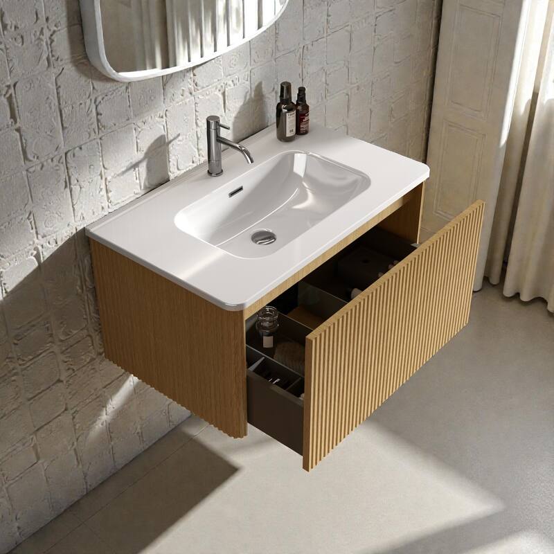 30" Floating Bathroom Vanity with Ceramic Sink, Striped Wall Mounted Cabinet with Curved Edges & Large Push-Open Drawer