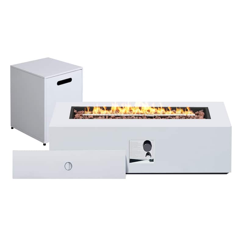 Patio Watcher 42 inches Iron Rectangle Outdoor Propane Fire Pit Table with Gas Tank Cover - White
