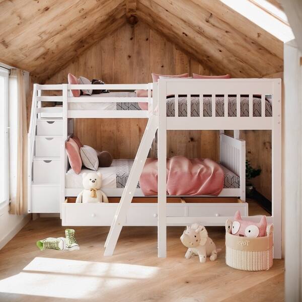 slide 2 of 46, L-Shaped Twin over Full Bunk Bed With 3 Drawers,Ladder and Staircase White