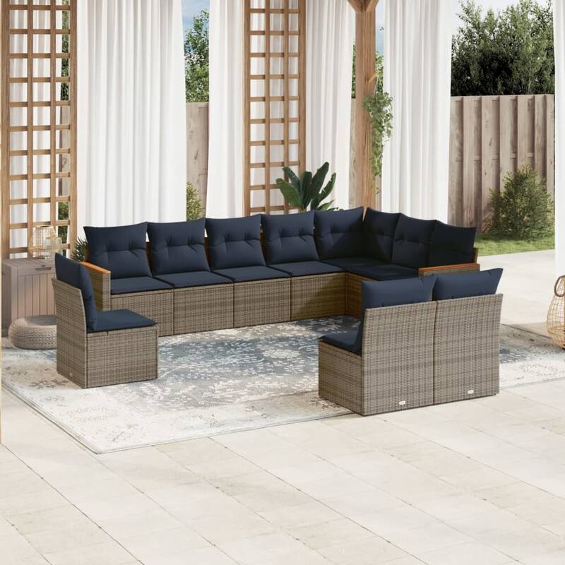 vidaXL Patio Sofa Set with Cushions Outdoor Conversation Furniture Poly Rattan - 24.4x 24.4x 27.2 - Grey and Blue-Without table