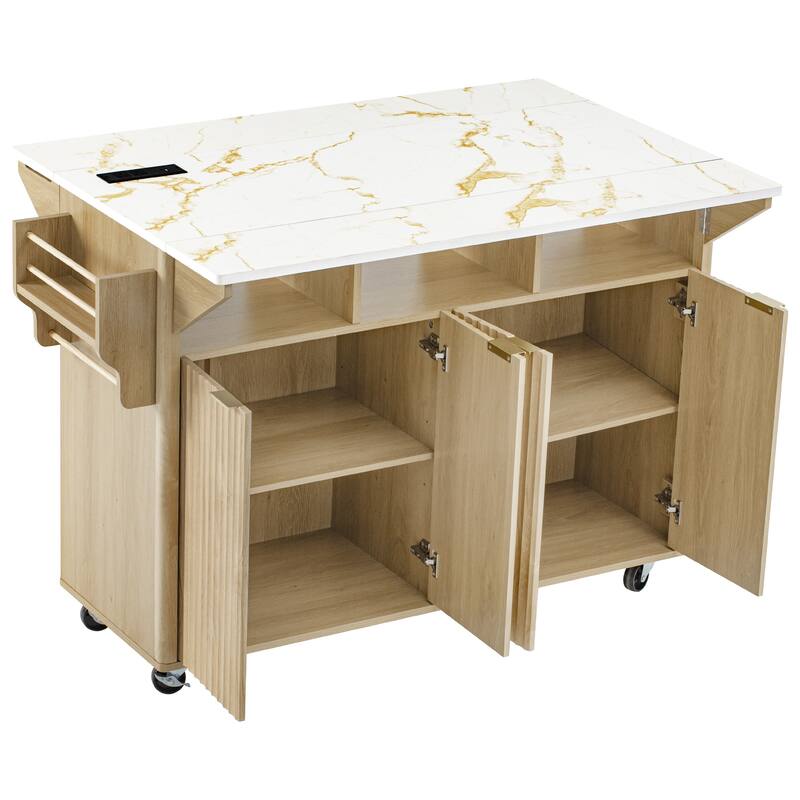 Anmytek Mobile Kitchen Island Cart with Drop Leaf Faux Marble Countertop and Storage