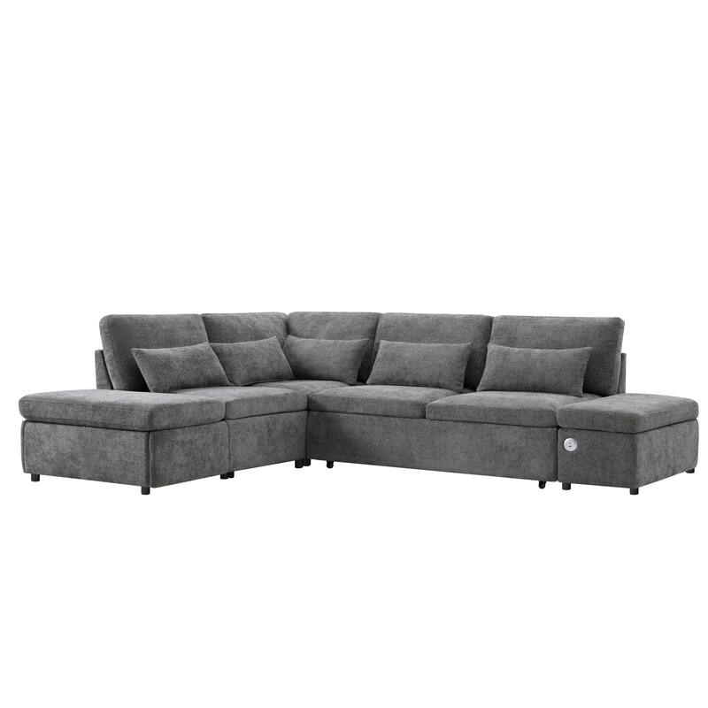 Premium Modular Sectional Pull-Out Sofa Bed with Adjustable Armrests, Movable Storage Ottoman, USB & Type-C Ports