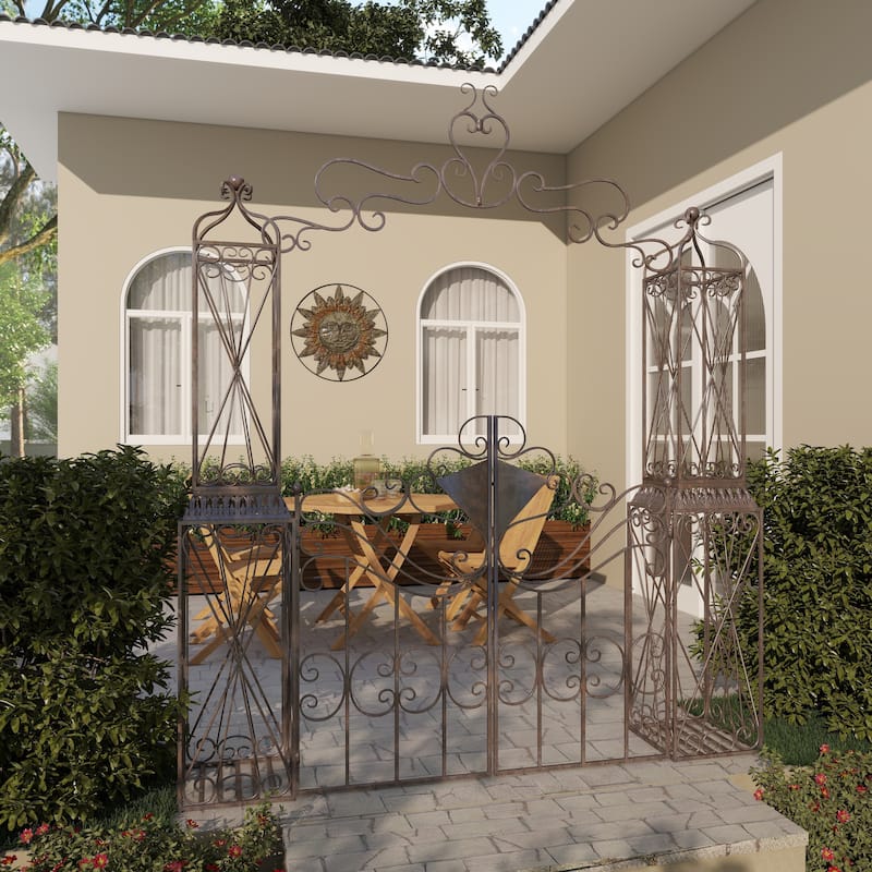 Metal Indoor Outdoor Scrollwork Arched Gate Garden Arbor with Pillars and Latch Lock Closure - Black - Roche River Decor