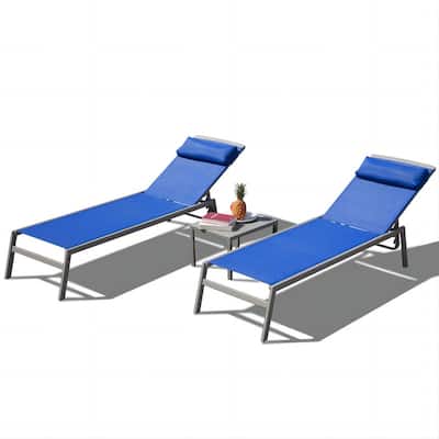 3 Piece Adjustable Patio Chaise Lounge Set, Textilene Pool Chairs with Headrest
