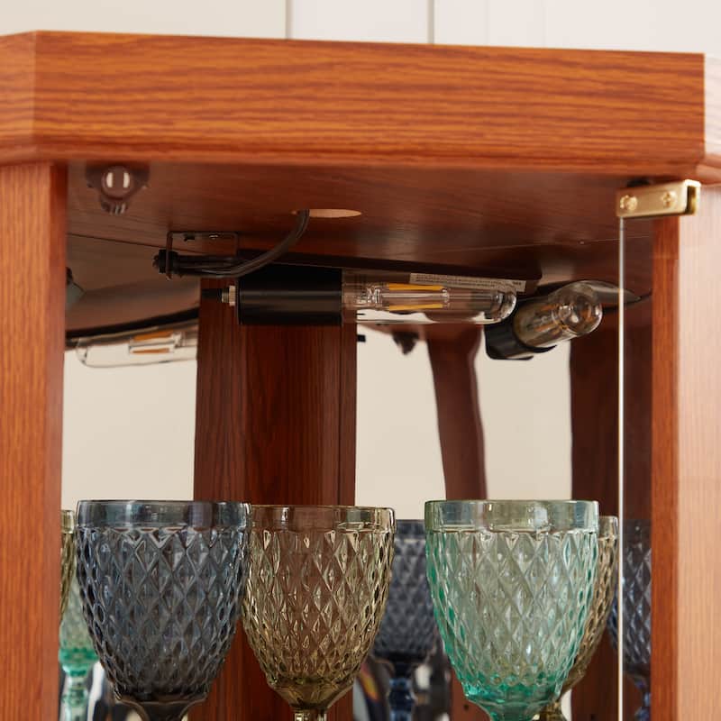 Lighted Corner Curio Cabinet With Glass Doors - Oak-Finished Display Case For Antique Collections, Wine Storage