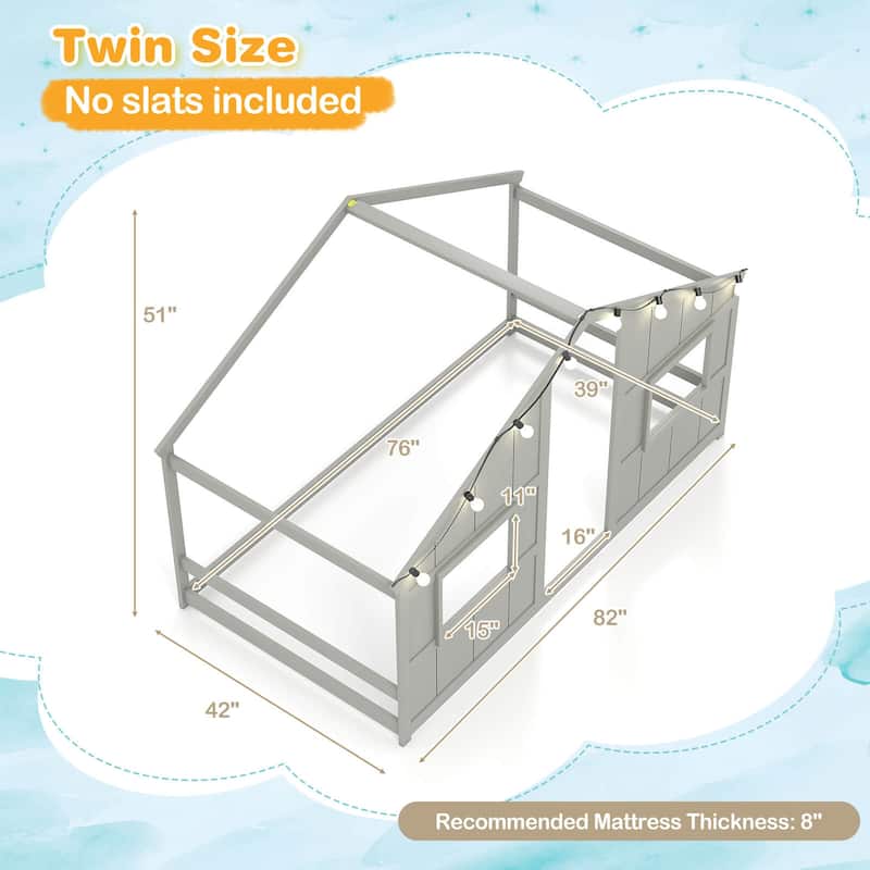 Costway Twin Size House Floor Bed with LED Lights Solid Wood Bed Frame