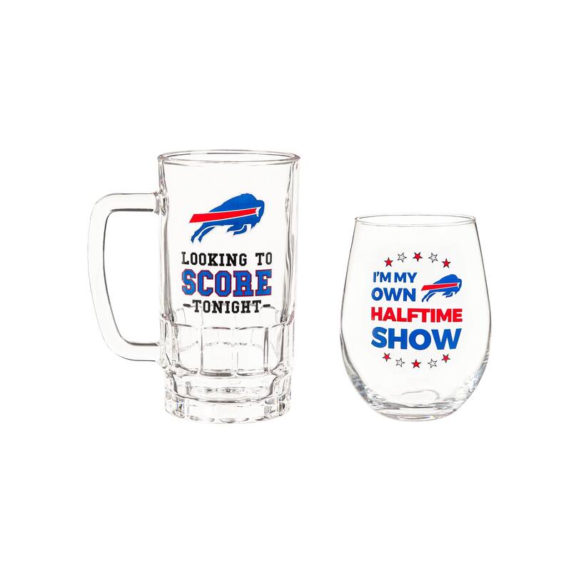 Buffalo Bills, 17 oz Stemless Wine Glass and 16 oz Beer Mug Gift Set