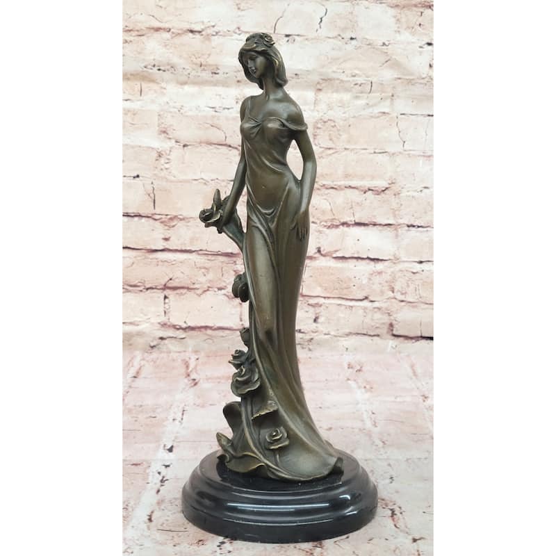 Bronze Lady With Roses Figurine – Art Nouveau Style Sculpture On Marble Base By Kin