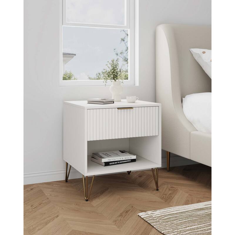 20" Fluted Nightstand with Single Drawer and Metal Legs Modern Design