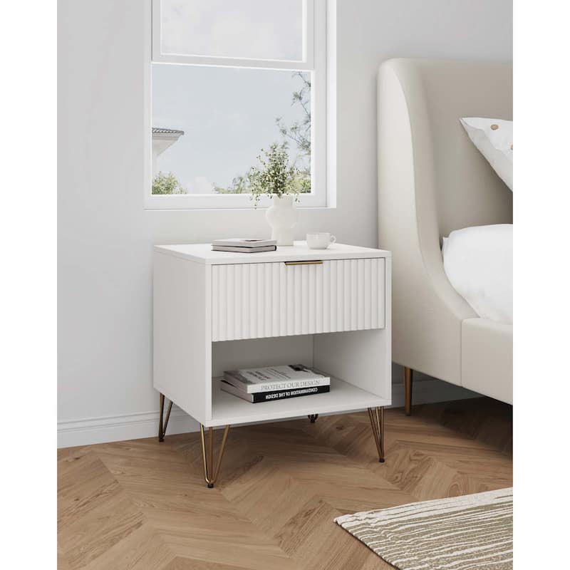 Manhattan Comfort Dumbo Mid Century Nightstand with 1 Drawer - White