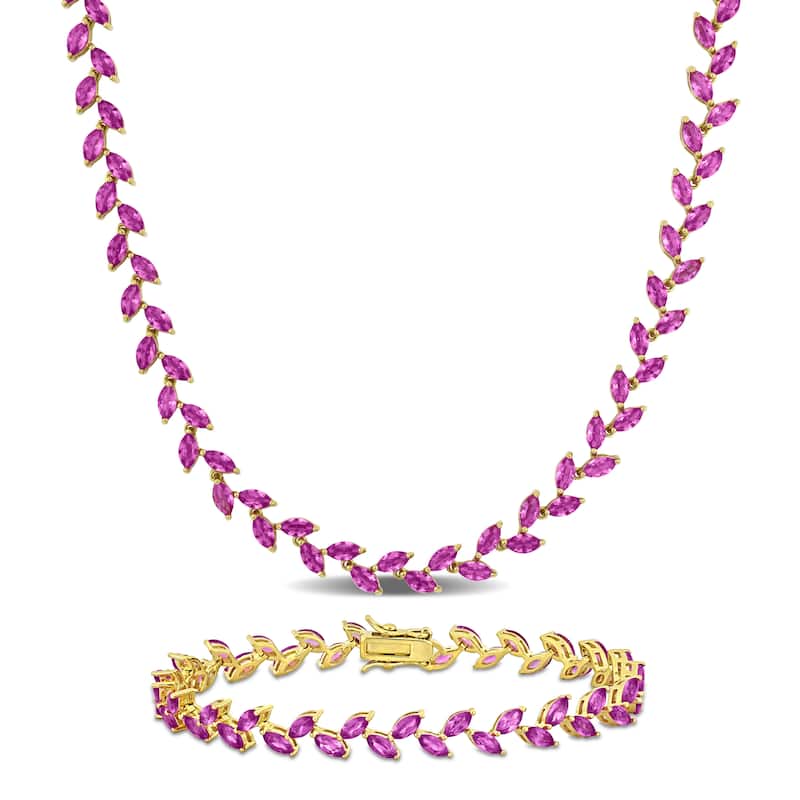 Miadora 41 1/2ct TGW Created Pink Sapphire Leaf Necklace and Bracelet Set Yellow Plated Sterling Silver