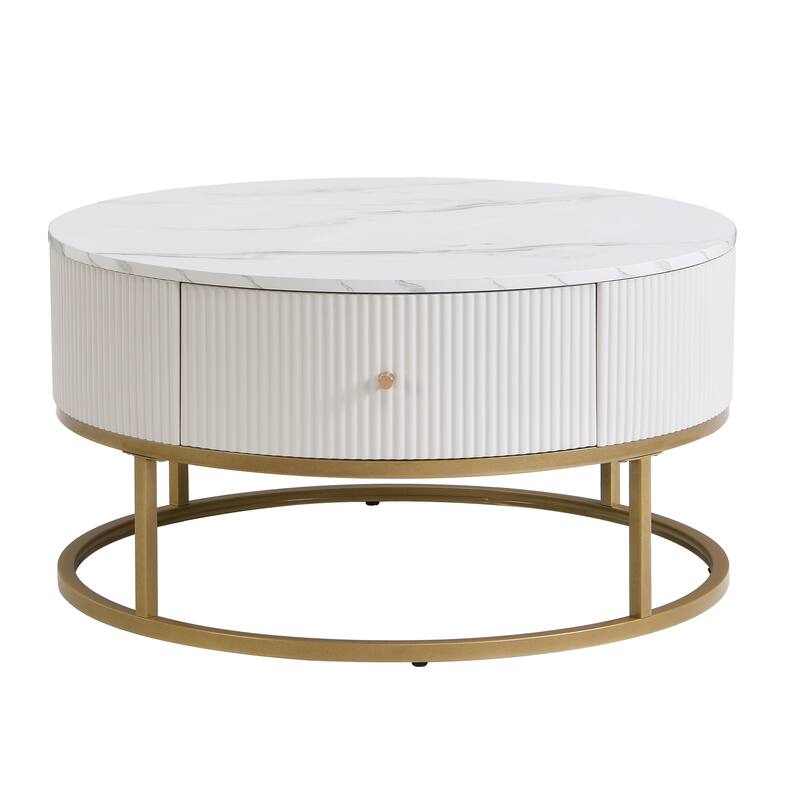 31.5" Iron Faux Marble Table Round End Table with Two Drawers and Anti-Slip Pads