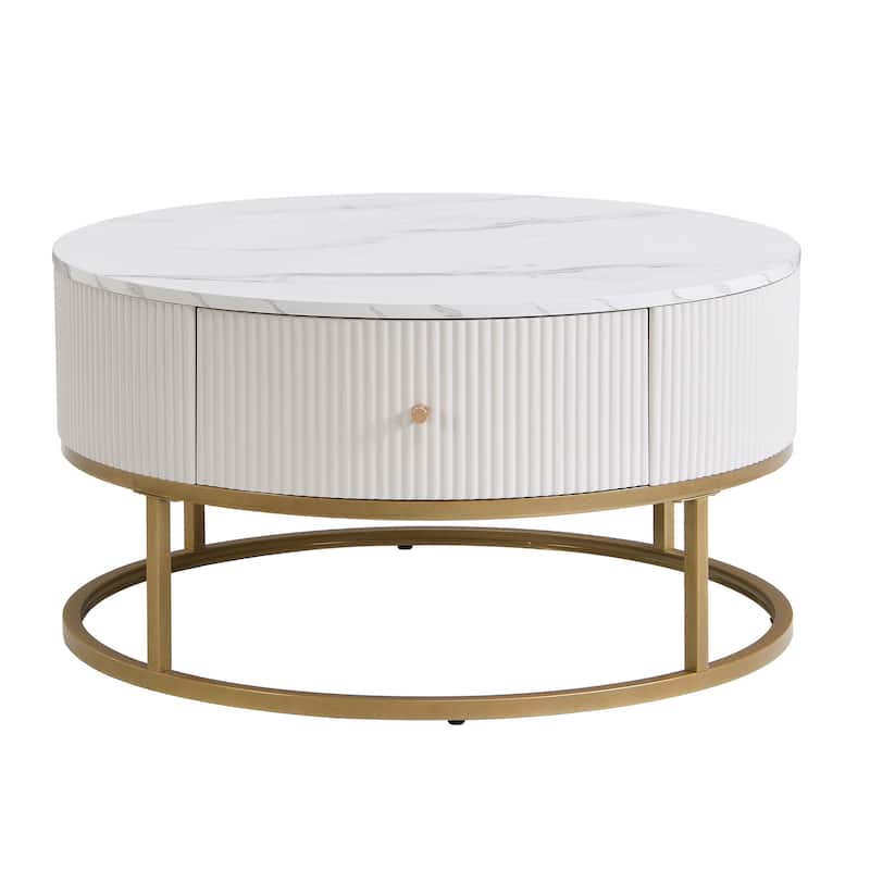 Modern Round Coffee Table Artificial Marble Table with 4 Non-Slip Mats Off-White Striped Drawers, for Living Room