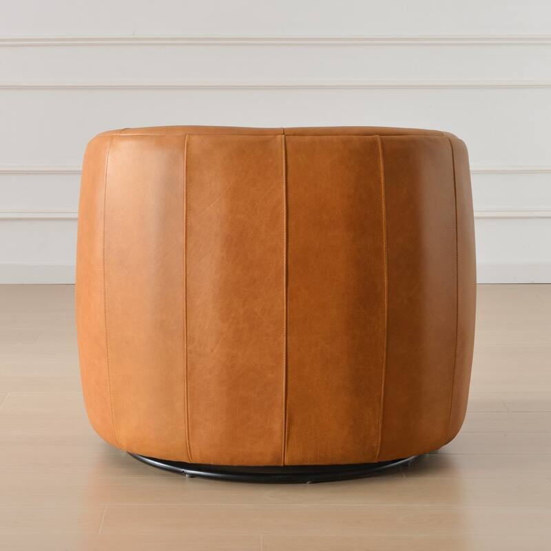 KINWELL 100% Top Grain Genuine Leather Swivel Armchair with Pillow