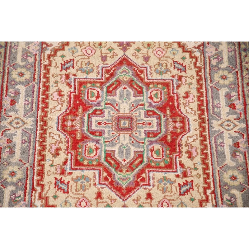 Geometric Beige Heriz-Serapi Foyer Rug Hand-Knotted Wool Carpet - 3'0" x 5'1"