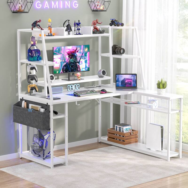 Ultimate L-Shape Gaming Desk with Hutch & Shelves, Reversible Computer Desk with LED Lights & Charging Station - 47'' - White