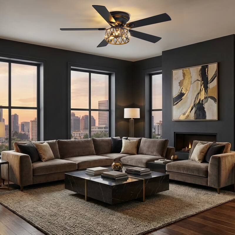 52 inch 5-Blade Flush Mount Crystal Ceiling Fan with Light Remote