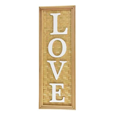 Love Wall Decor Sign, 10x28 Inch Brown Wood Background, White Woven