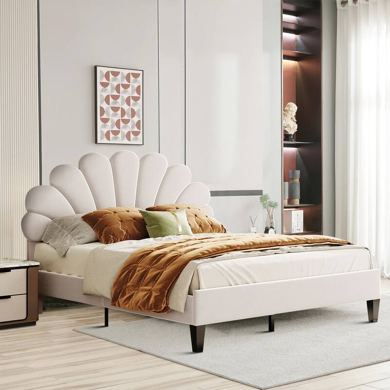 Stylish Unique Velvet Upholstered Platform Bed Frame with Flower-Shaped Headboard - Beige - Queen