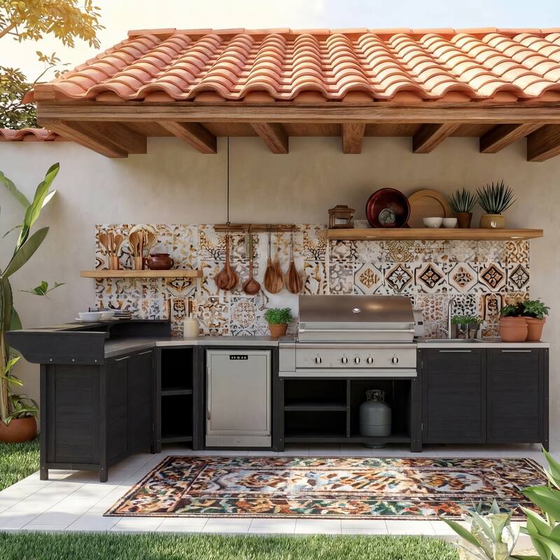 Modular Outdoor Kitchen Cabinet Set 100% Solid Wood Patio BBQ Island with Stainless Steel Countertop