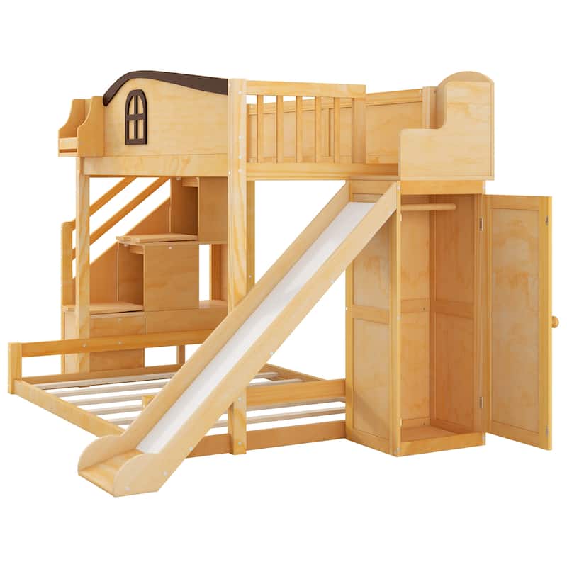 Playhouse-Inspired Twin over Full Bunk Bed with Slide, Storage Staircase & Wardrobe by Harper&Bright Designs