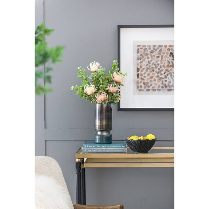 D5.1x13.2" Smokey Blue Glass Vase with Chrome Accent Modern Home Decor