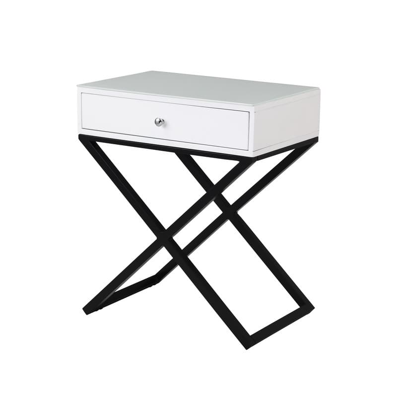 End Side Table Nightstand with Glass Top, Drawer and Cross Base