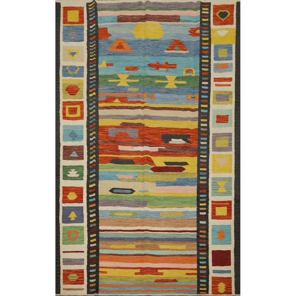 Hand Woven Oriental 100% Wool Carpet Southwestern Tribal Multi-Colored Kilim Area Rug - 9' 7'' X 6' 7''