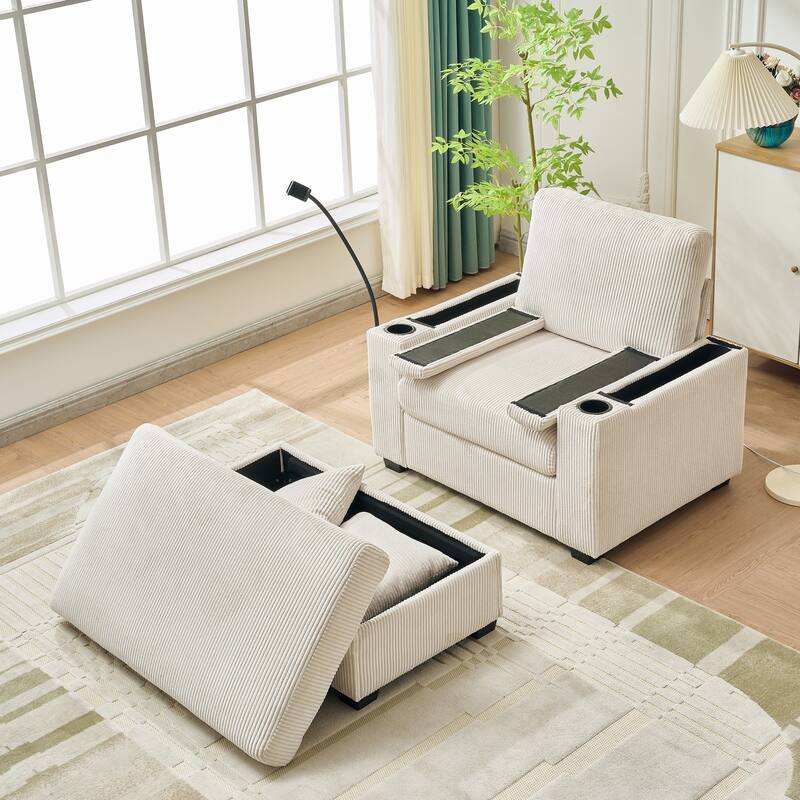 55"Oversized Chaise Lounge Chair with Ottoman and Storage,Sleeper Chair with Cup Holder,Mobile Phone Stand&USB Charging Port