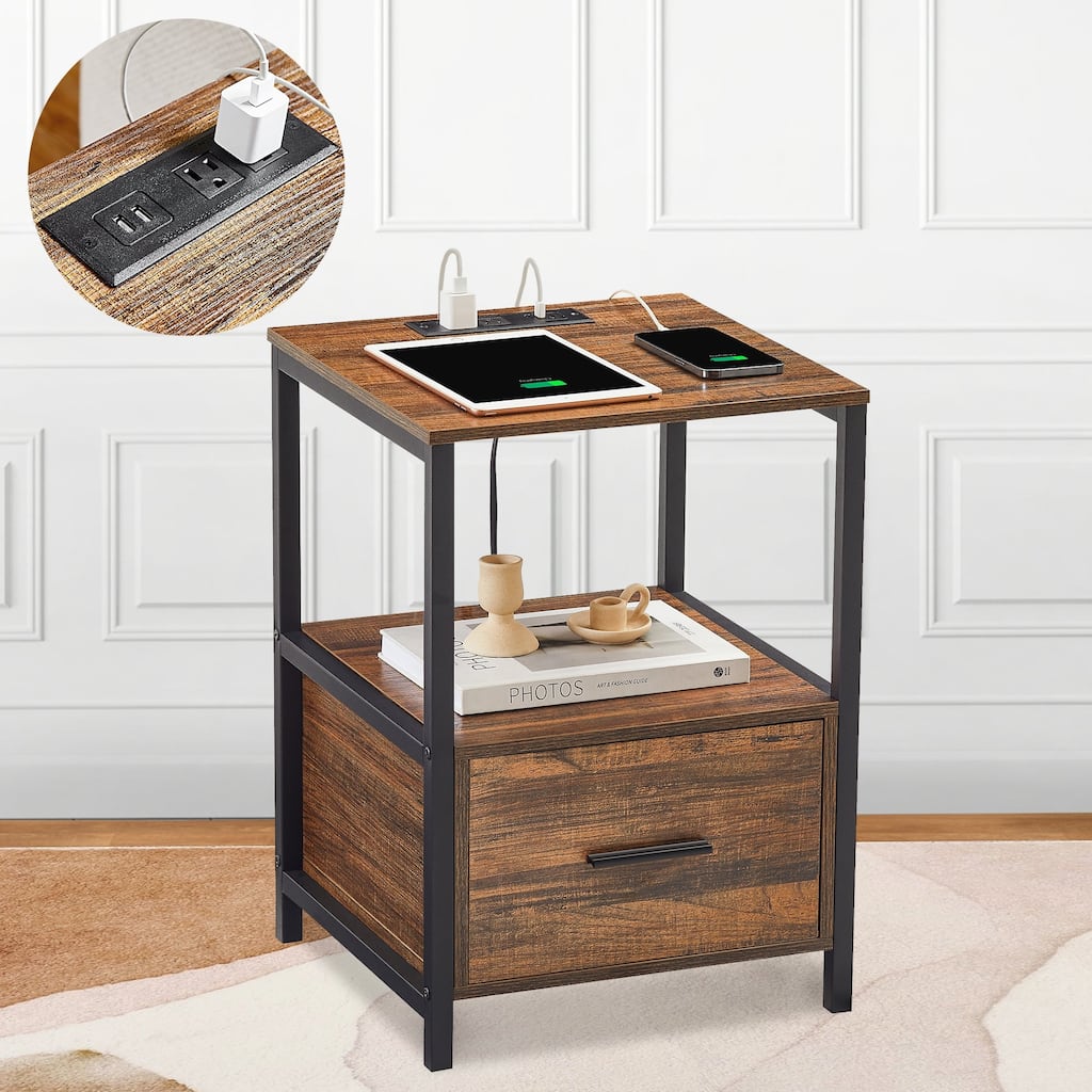 Javlergo Nightstand with Charging Station and Drawers End Side Tables with Open Storage Shelf for Bedroom Living Room