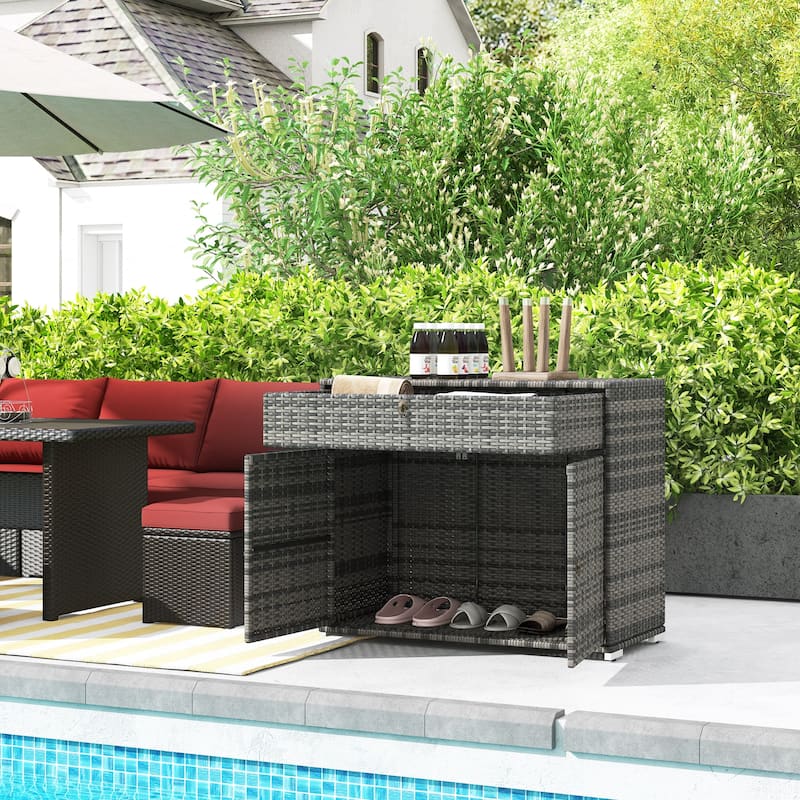Outsunny Outdoor Towel Rack & Pool Toy Cabinet, Hot Tub Accessory Storage, Freestanding PE Rattan Wicker Cabinet - Grey