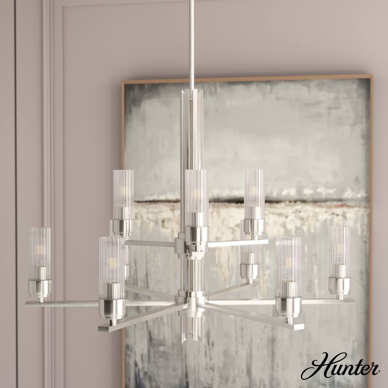 Hunter Gatz Ribbed Glass Chandelier - Dining Room, Kitchen Island, Entry - Glam, Contemporary, Transitional - 30" 9 Light-2 Tier - Brushed Nickel