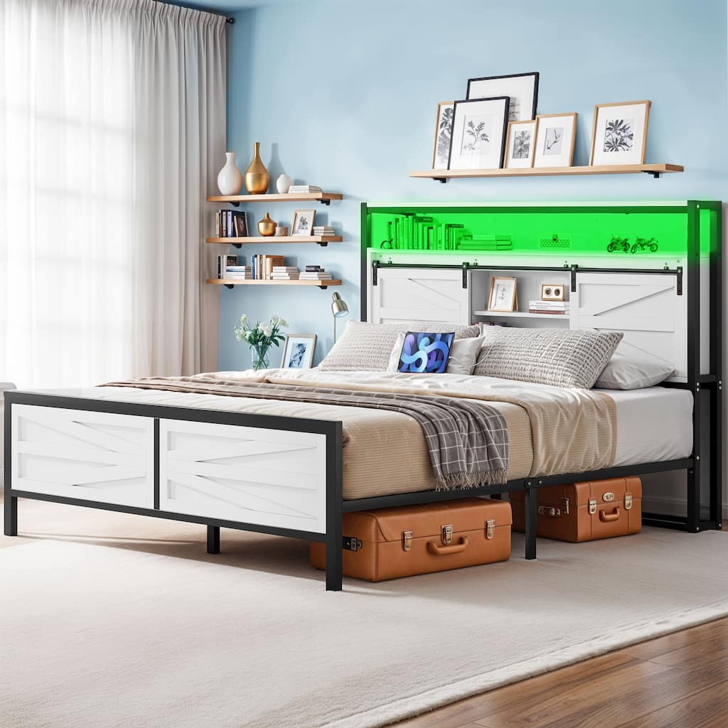 White Farmhouse Bed Frame with Sliding Barn Door Storage Cabinets