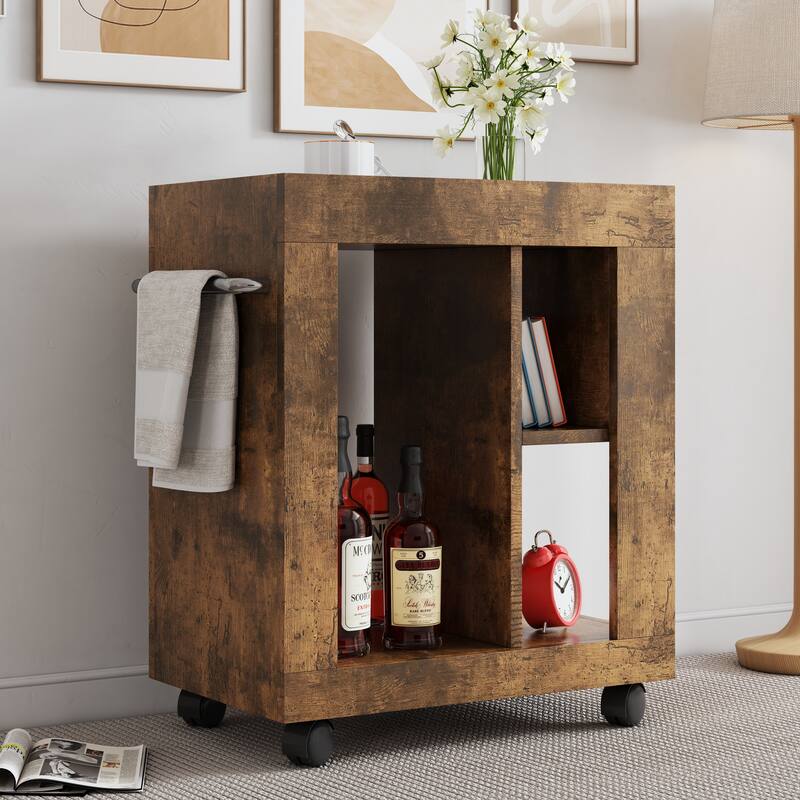 Kitchen Island Rubberwood Table Movable Storage Cabinet with Towel Rack, Multi-Layer Open Storage Locker with Shelves
