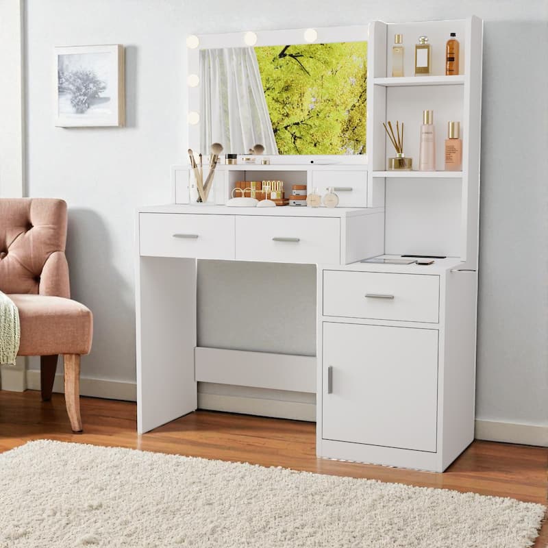 43" Makeup Vanity Desk with Smart LED Mirror, 5 Drawers, Storage Cabinet & Shelves, Dressing Table for Bedroom