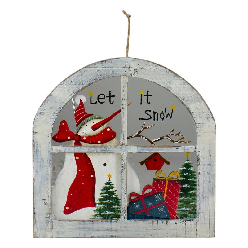 White Rustic "Let It Snow" Snowman Glass Window Scene Christmas Wall Decor - 11.5"