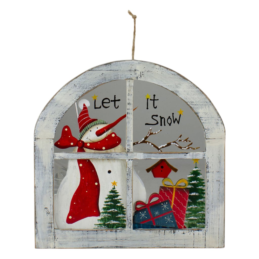 White Rustic "Let It Snow" Snowman Glass Window Scene Christmas Wall Decor - 11.5"