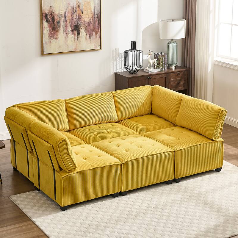 Ergonomic Lounge Modular Couch Corduroy Sectional Sofa with Deep Seat Ottoman Chaise and High-Rebound Thick Cushions