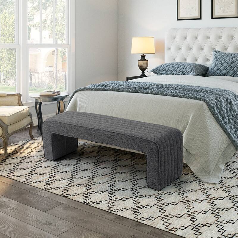 Benicia Gray Boucle Upholstered Fabric Tufted Bench
