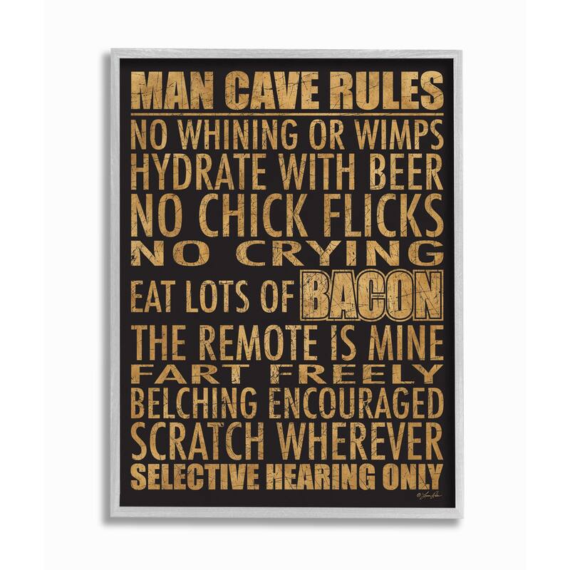 Stupell Man Cave Rules with Rustic Distressed Text Framed Wall Art - Tan - 16 x 20 - Grey